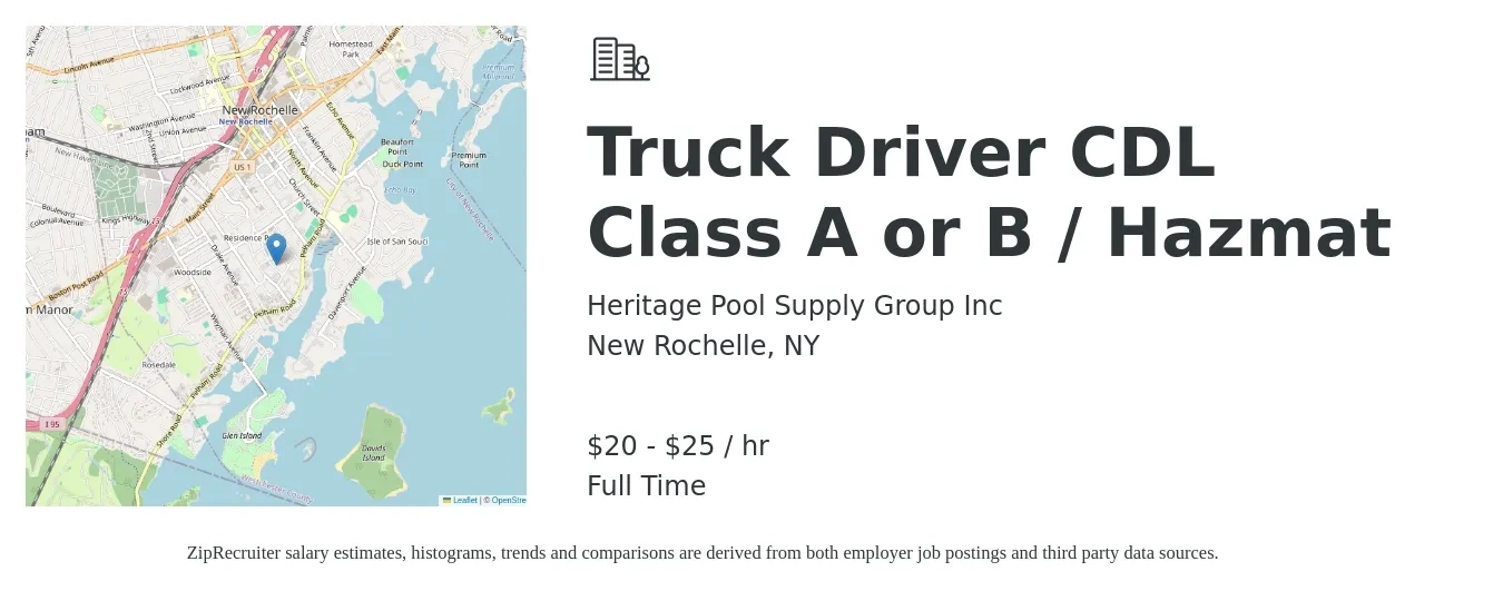 Heritage Pool Supply Group Inc job posting for a Truck Driver CDL Class A or B / Hazmat in New Rochelle, NY with a salary of $21 to $26 Hourly with a map of New Rochelle location.