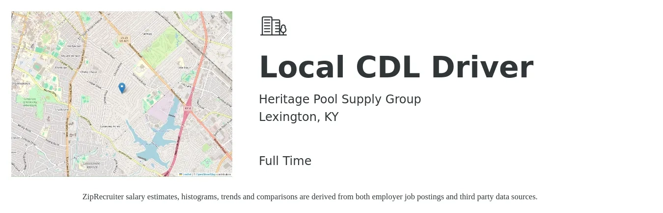 Heritage Pool Supply Group job posting for a Local CDL Driver in Lexington, KY with a salary of $25 to $36 Hourly with a map of Lexington location.