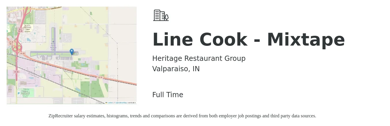 Heritage Restaurant Group job posting for a Line Cook - Mixtape in Valparaiso, IN with a salary of $16 to $20 Hourly with a map of Valparaiso location.
