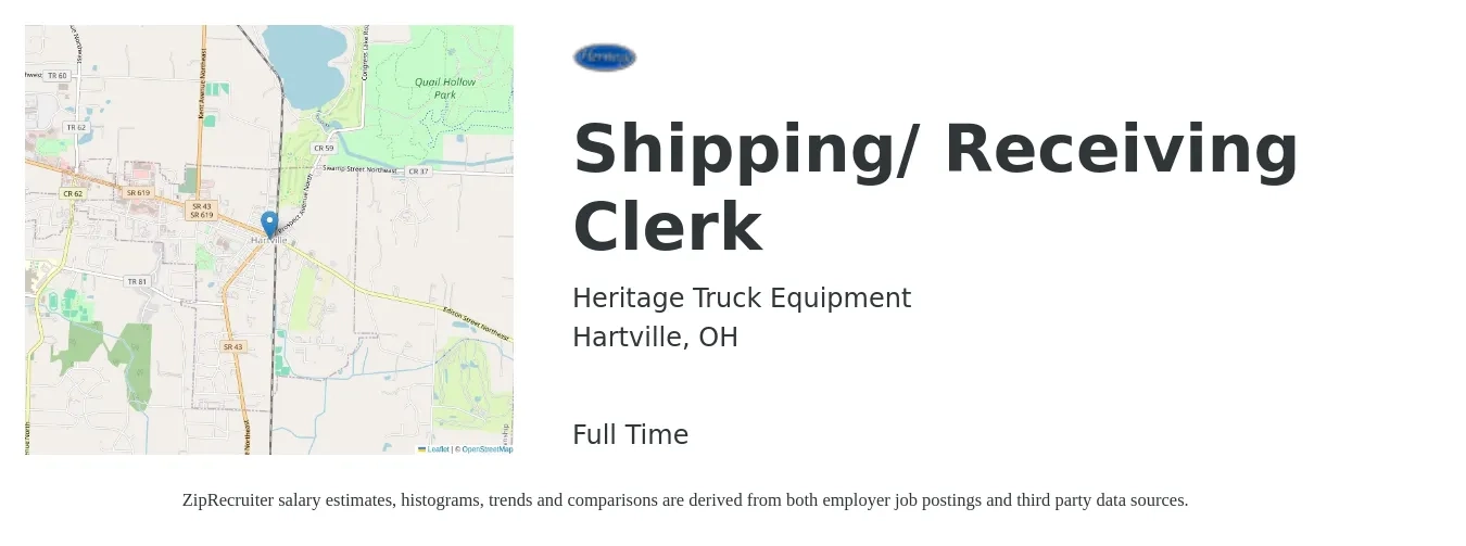 Heritage Truck Equipment job posting for a Shipping/ Receiving Clerk in Hartville, OH with a salary of $15 to $18 Hourly with a map of Hartville location.