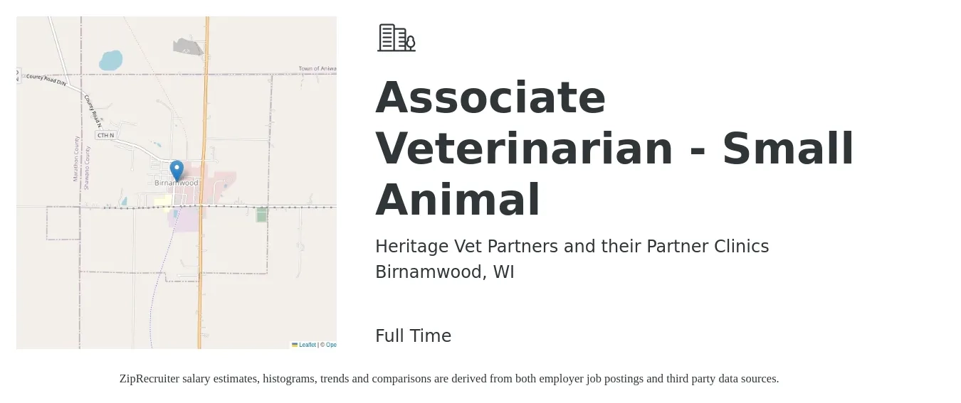 Heritage Vet Partners and their Partner Clinics job posting for a Associate Veterinarian - Small Animal in Birnamwood, WI with a salary of $99,800 to $161,200 Yearly with a map of Birnamwood location.
