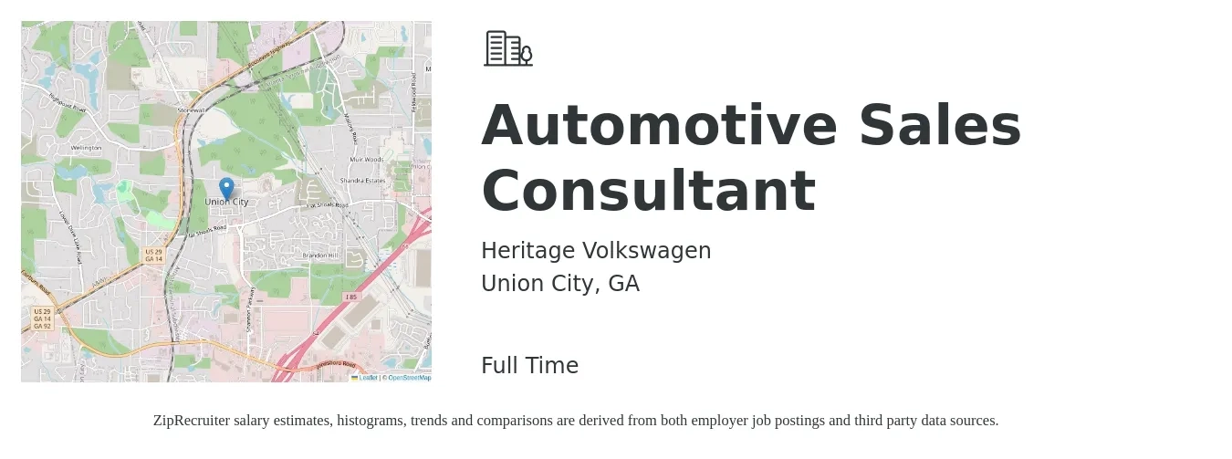 Heritage Volkswagen job posting for a Automotive Sales Consultant in Union City, GA with a salary of $39,600 to $77,400 Yearly with a map of Union City location.