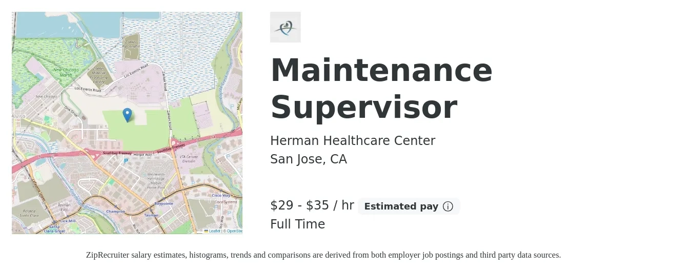Herman Healthcare Center job posting for a Maintenance Supervisor in San Jose, CA with a salary of $31 to $37 Hourly with a map of San Jose location.