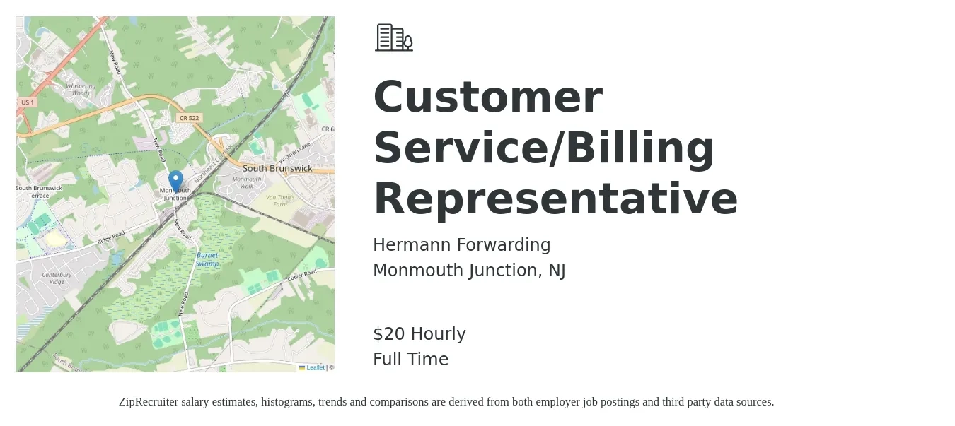 Hermann Forwarding job posting for a Customer Service/Billing Representative in Monmouth Junction, NJ with a salary of $21 Hourly with a map of Monmouth Junction location.
