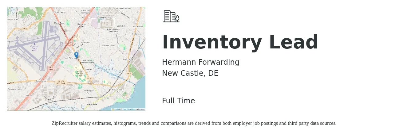 Hermann Forwarding job posting for a Inventory Lead in New Castle, DE with a salary of $38,700 to $61,900 Yearly with a map of New Castle location.