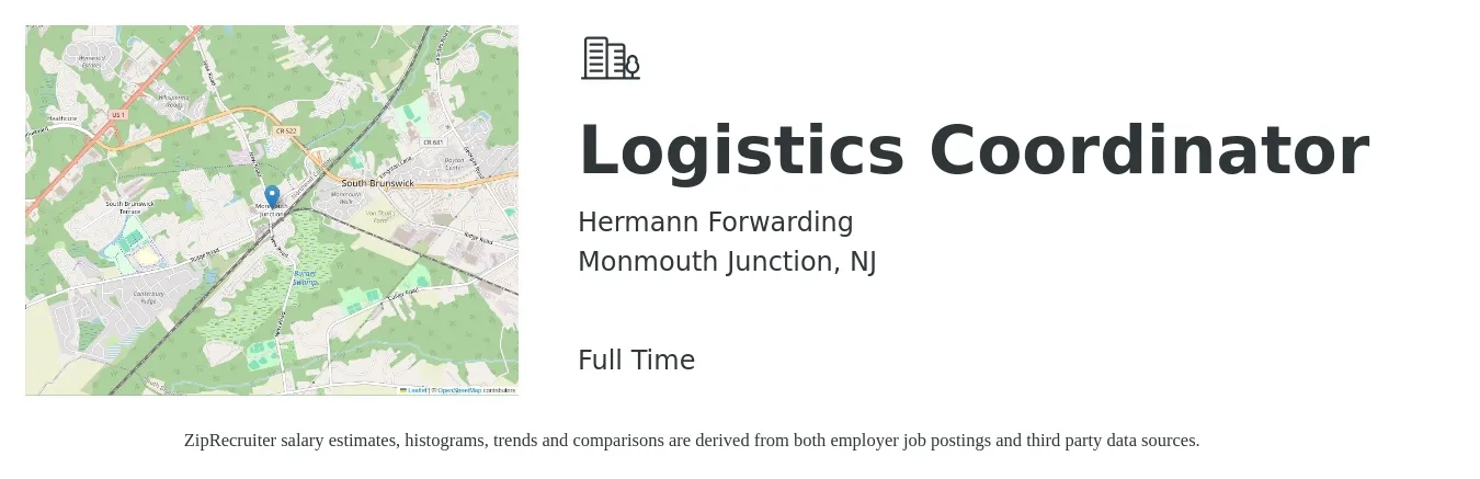 Hermann Forwarding job posting for a Logistics Coordinator in Monmouth Junction, NJ with a salary of $20 to $26 Hourly with a map of Monmouth Junction location.