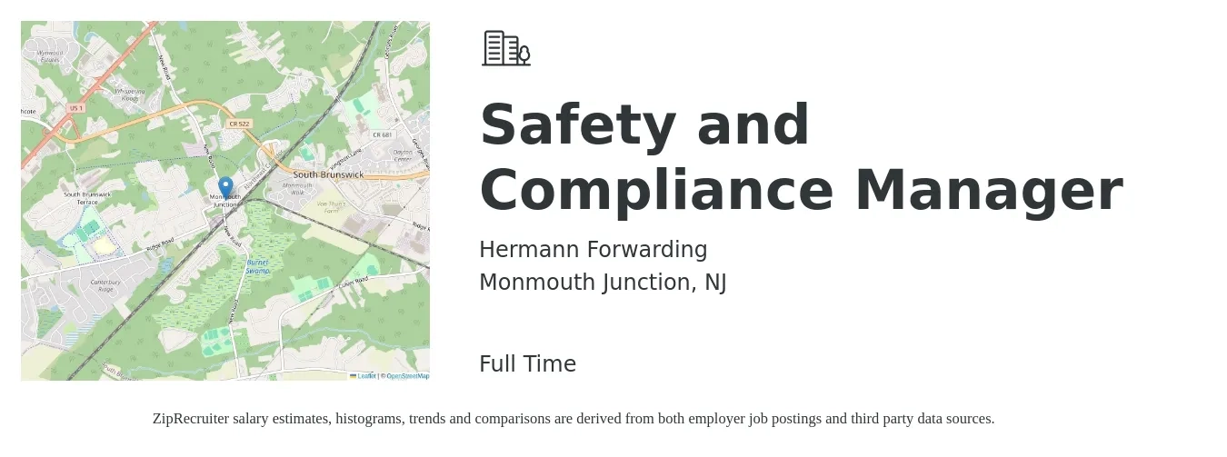 Hermann Forwarding job posting for a Safety and Compliance Manager in Monmouth Junction, NJ with a salary of $67,000 to $104,800 Yearly with a map of Monmouth Junction location.