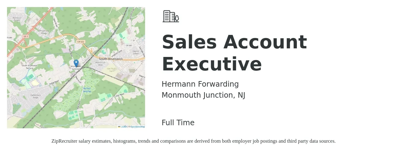 Hermann Forwarding job posting for a Sales Account Executive in Monmouth Junction, NJ with a salary of $54,700 to $85,900 Yearly with a map of Monmouth Junction location.