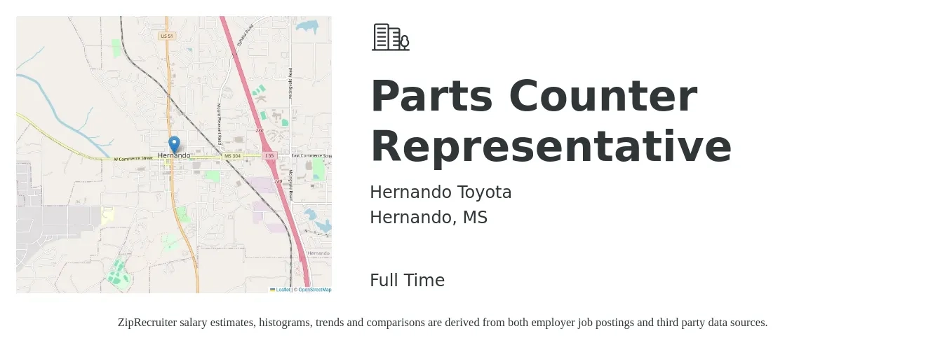 Hernando Toyota job posting for a Parts Counter Representative in Hernando, MS with a salary of $17 to $22 Hourly with a map of Hernando location.