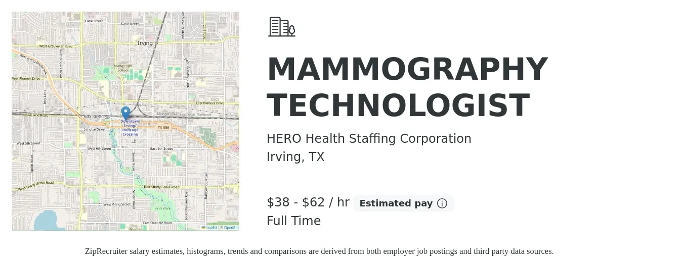 HERO Health Staffing Corporation job posting for a MAMMOGRAPHY TECHNOLOGIST in Irving, TX with a salary of $40 to $65 Hourly with a map of Irving location.