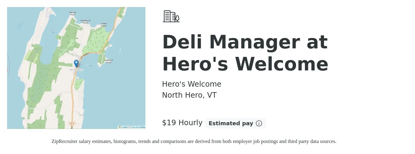 Hero's Welcome job posting for a Deli Manager at Hero's Welcome in North Hero, VT with a salary of $20 Hourly with a map of North Hero location.