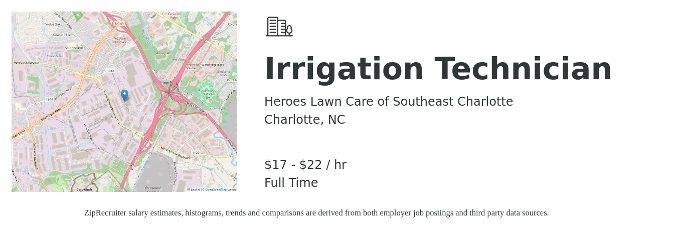 Heroes Lawn Care of Southeast Charlotte job posting for a Irrigation Technician in Charlotte, NC with a salary of $41,600 Yearly with a map of Charlotte location.