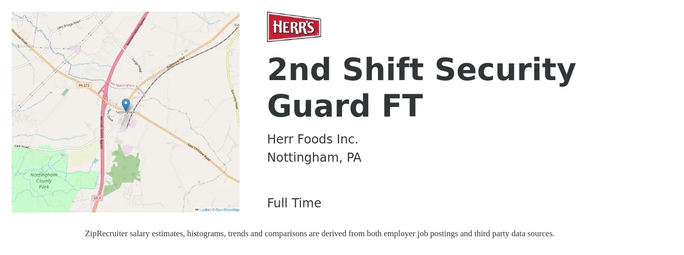 Herr Foods Inc. job posting for a 2nd Shift Security Guard FT in Nottingham, PA with a salary of $15 to $18 Hourly with a map of Nottingham location.