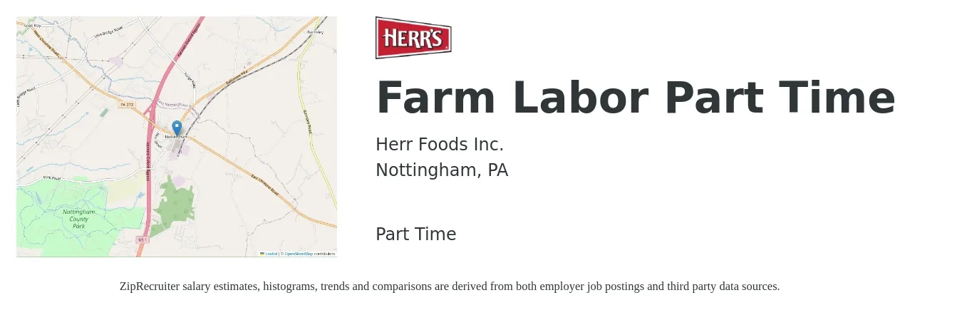 Herr Foods Inc. job posting for a Farm Labor Part Time in Nottingham, PA with a salary of $15 to $19 Hourly with a map of Nottingham location.