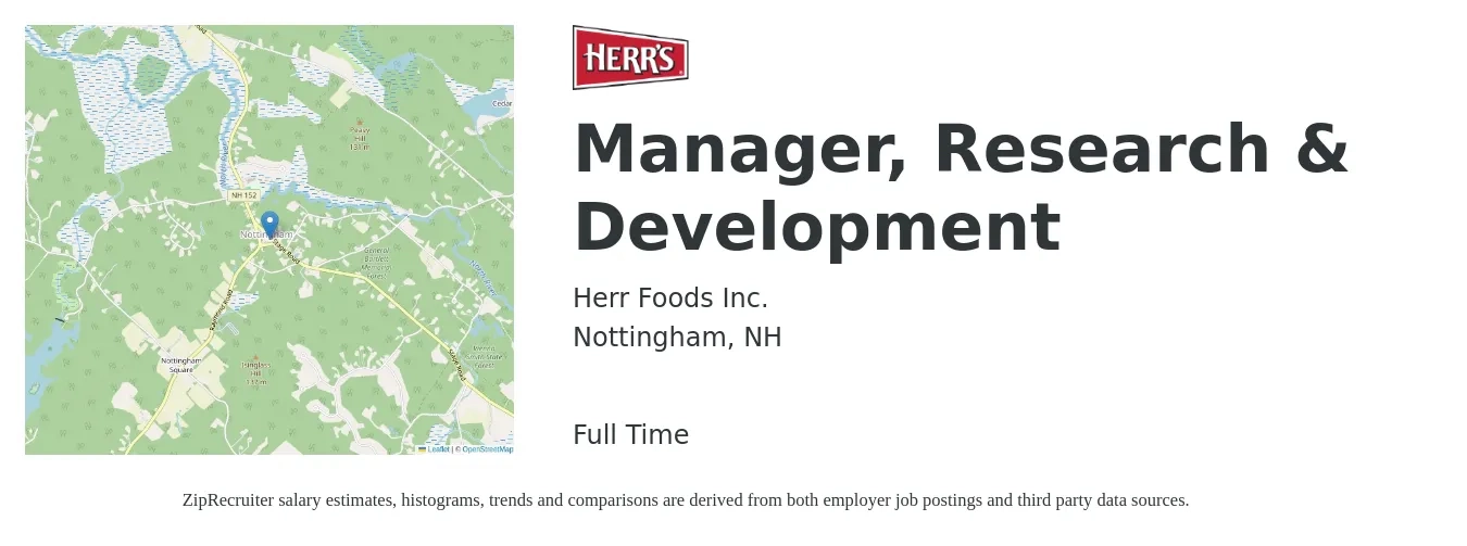 Herr Foods Inc. job posting for a Manager, Research & Development in Nottingham, NH with a salary of $71,400 to $107,300 Yearly with a map of Nottingham location.