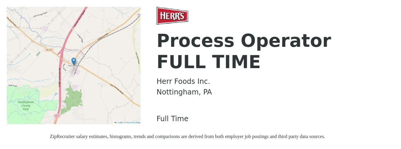 Herr Foods Inc. job posting for a Process Operator FULL TIME in Nottingham, PA with a salary of $16 to $22 Hourly with a map of Nottingham location.