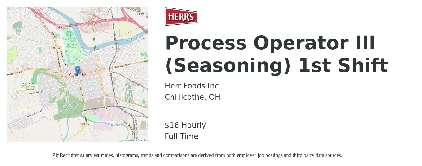 Herr Foods Inc. job posting for a Process Operator III (Seasoning) 1st Shift in Chillicothe, OH with a salary of $17 Hourly with a map of Chillicothe location.