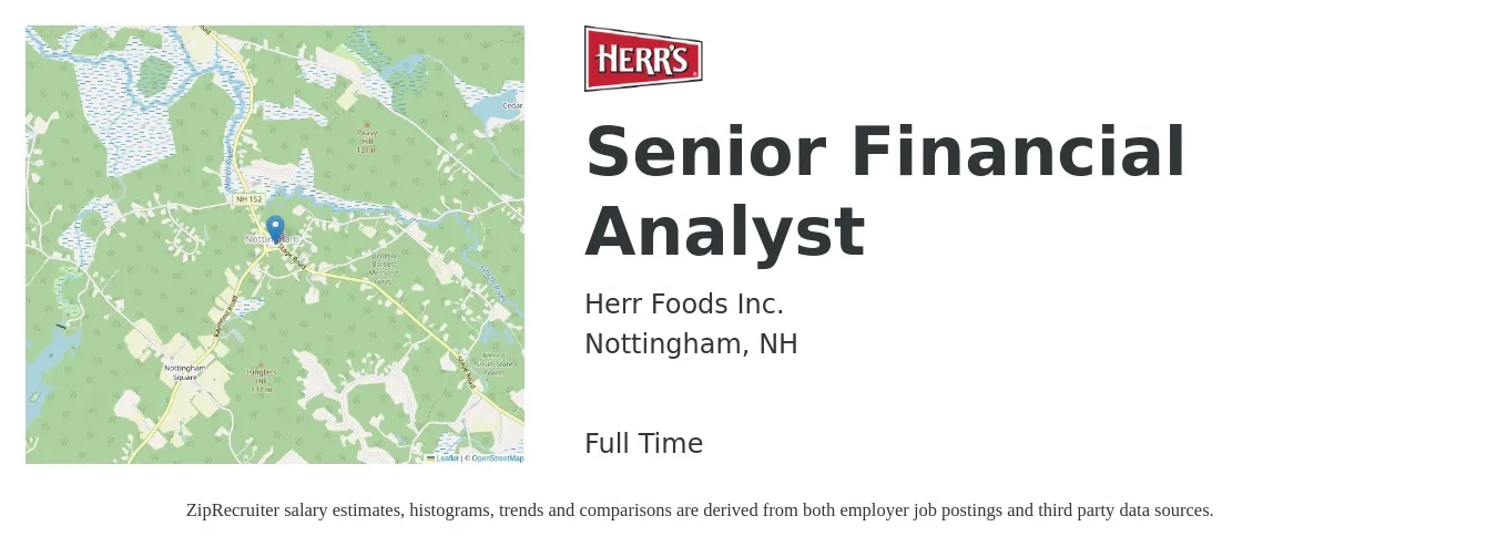 Herr Foods Inc. job posting for a Senior Financial Analyst in Nottingham, NH with a salary of $78,700 to $98,100 Yearly with a map of Nottingham location.