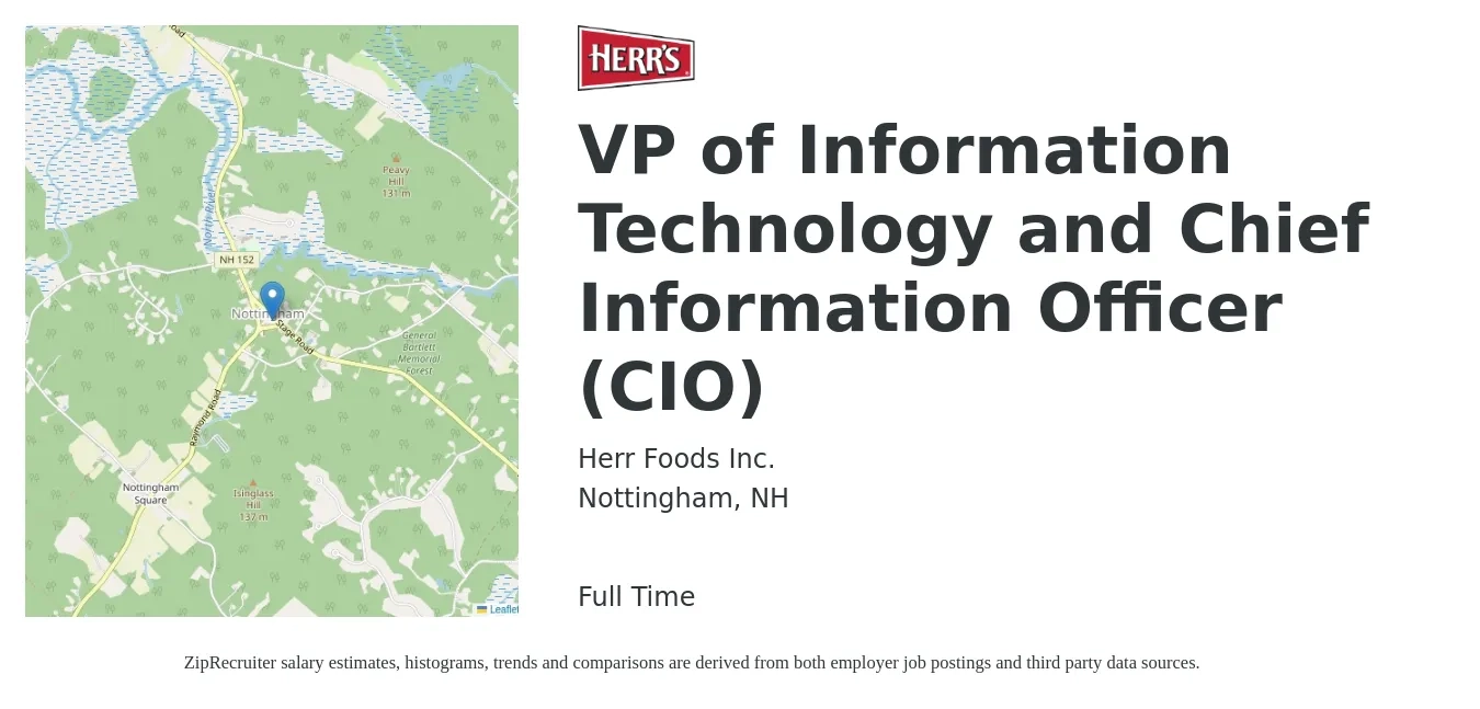 Herr Foods Inc. job posting for a VP of Information Technology and Chief Information Officer (CIO) in Nottingham, NH with a salary of $144,600 to $180,900 Yearly with a map of Nottingham location.