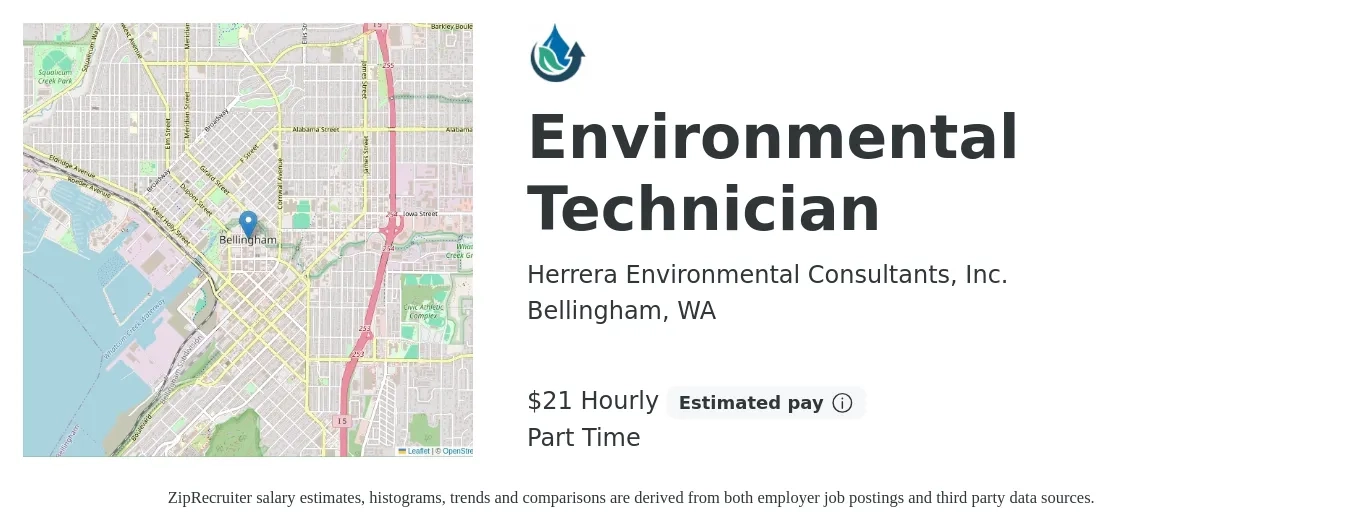 Herrera Environmental Consultants, Inc. job posting for a Environmental Technician in Bellingham, WA with a salary of $22 Hourly with a map of Bellingham location.