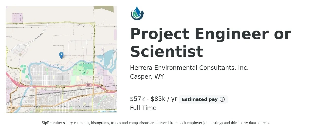 Herrera Environmental Consultants, Inc. job posting for a Project Engineer or Scientist in Casper, WY with a salary of $57,700 to $85,700 Yearly with a map of Casper location.