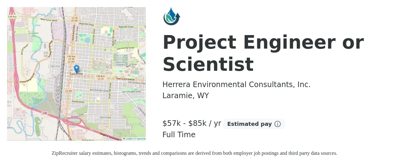Herrera Environmental Consultants, Inc. job posting for a Project Engineer or Scientist in Laramie, WY with a salary of $57,700 to $85,700 Yearly with a map of Laramie location.