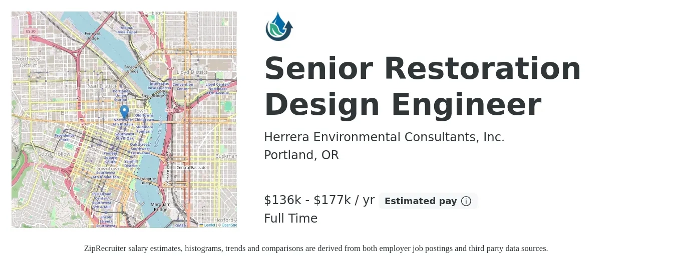 Herrera Environmental Consultants, Inc. job posting for a Senior Restoration Design Engineer in Portland, OR with a salary of $136,000 to $177,900 Yearly with a map of Portland location.
