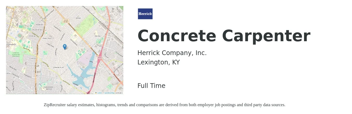 Herrick Company, Inc. job posting for a Concrete Carpenter in Lexington, KY with a salary of $22 to $31 Hourly with a map of Lexington location.