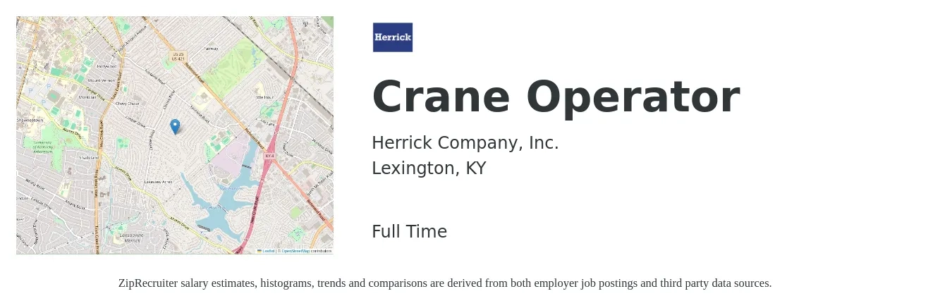 Herrick Company, Inc. job posting for a Crane Operator in Lexington, KY with a salary of $22 to $34 Hourly with a map of Lexington location.