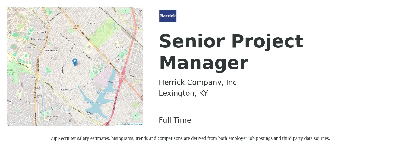 Herrick Company, Inc. job posting for a Senior Project Manager in Lexington, KY with a salary of $102,900 to $145,100 Yearly with a map of Lexington location.