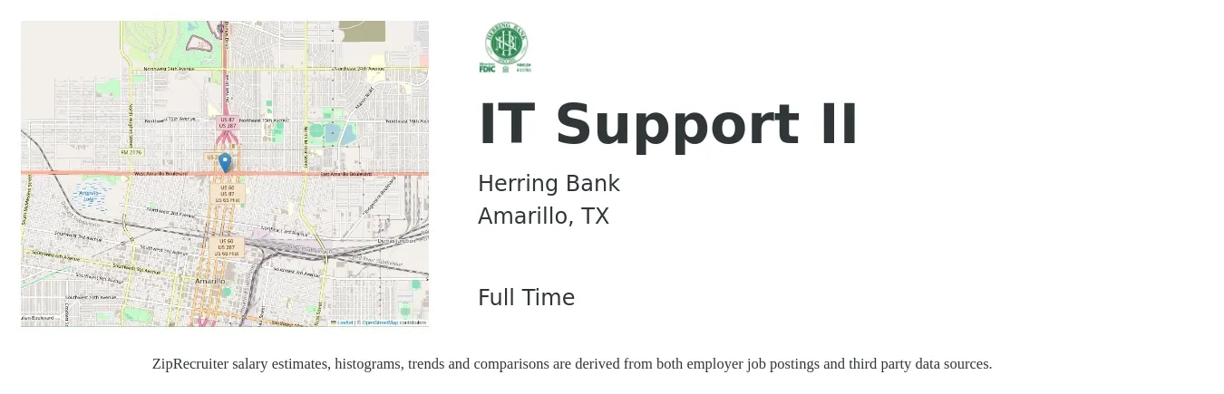 Herring Bank job posting for a IT Support II in Amarillo, TX with a salary of $22 to $25 Hourly with a map of Amarillo location.