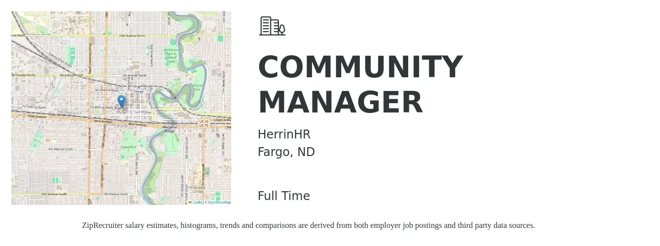 HerrinHR job posting for a COMMUNITY MANAGER in Fargo, ND with a salary of $46,100 to $65,800 Yearly with a map of Fargo location.