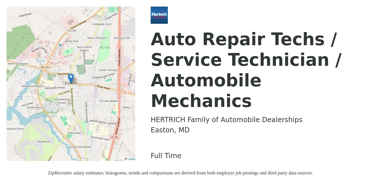 HERTRICH Family of Automobile Dealerships job posting for a Auto Repair Techs / Service Technician / Automobile Mechanics in Easton, MD with a salary of $20 to $30 Hourly with a map of Easton location.