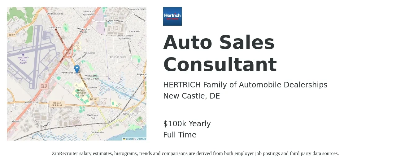 HERTRICH Family of Automobile Dealerships job posting for a Auto Sales Consultant in New Castle, DE with a salary of $100,000 Yearly with a map of New Castle location.