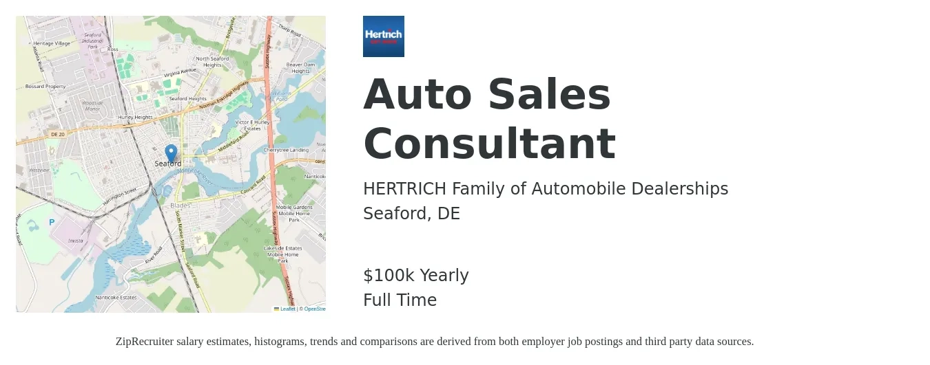 HERTRICH Family of Automobile Dealerships job posting for a Auto Sales Consultant in Seaford, DE with a salary of $100,000 Yearly with a map of Seaford location.