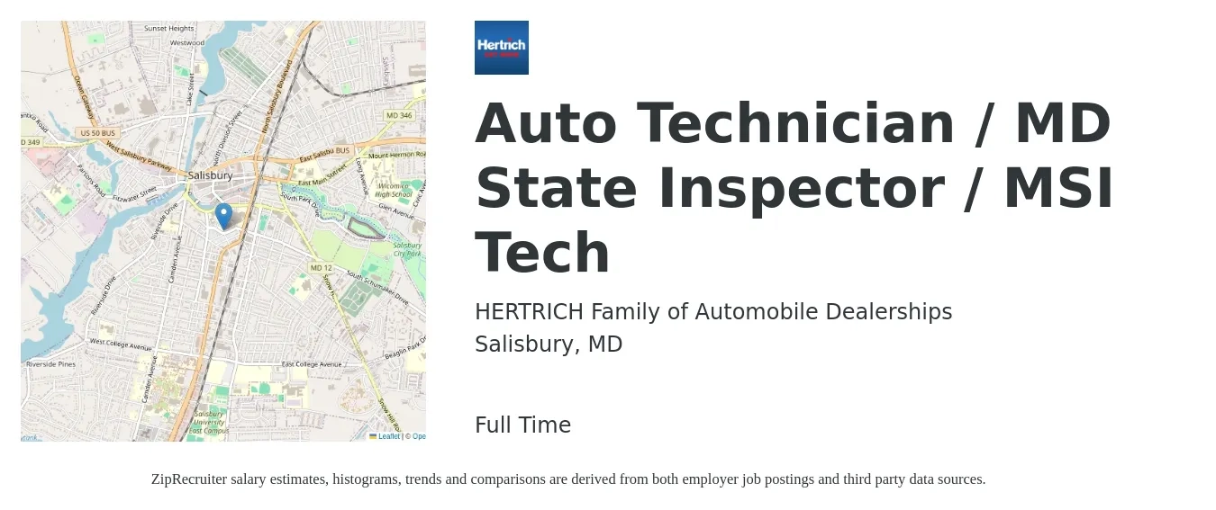 HERTRICH Family of Automobile Dealerships job posting for a Auto Technician / MD State Inspector / MSI Tech in Salisbury, MD with a salary of $22 to $34 Hourly with a map of Salisbury location.