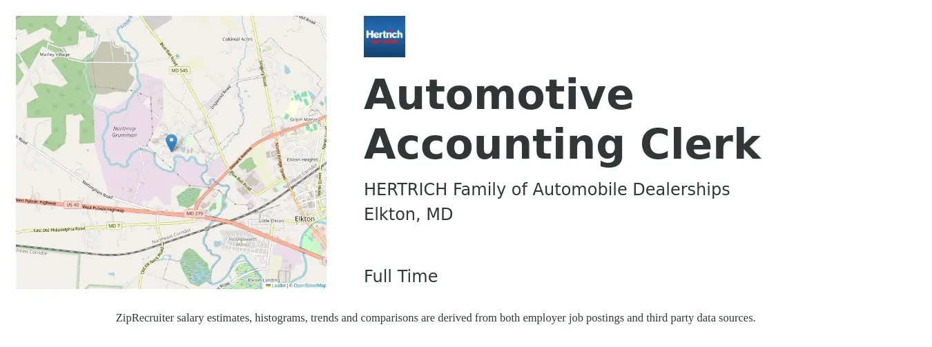HERTRICH Family of Automobile Dealerships job posting for a Automotive Accounting Clerk in Elkton, MD with a salary of $18 to $22 Hourly with a map of Elkton location.
