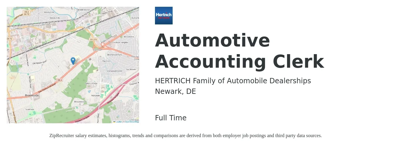 HERTRICH Family of Automobile Dealerships job posting for a Automotive Accounting Clerk in Newark, DE with a salary of $18 to $23 Hourly with a map of Newark location.