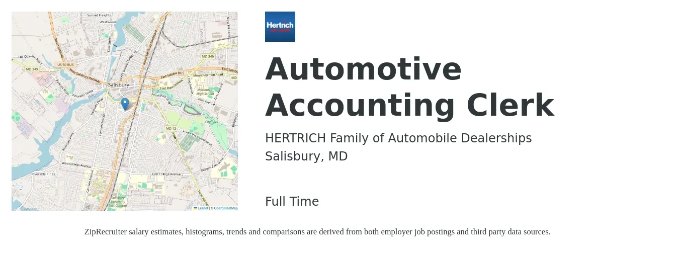 HERTRICH Family of Automobile Dealerships job posting for a Automotive Accounting Clerk in Salisbury, MD with a salary of $18 to $22 Hourly with a map of Salisbury location.
