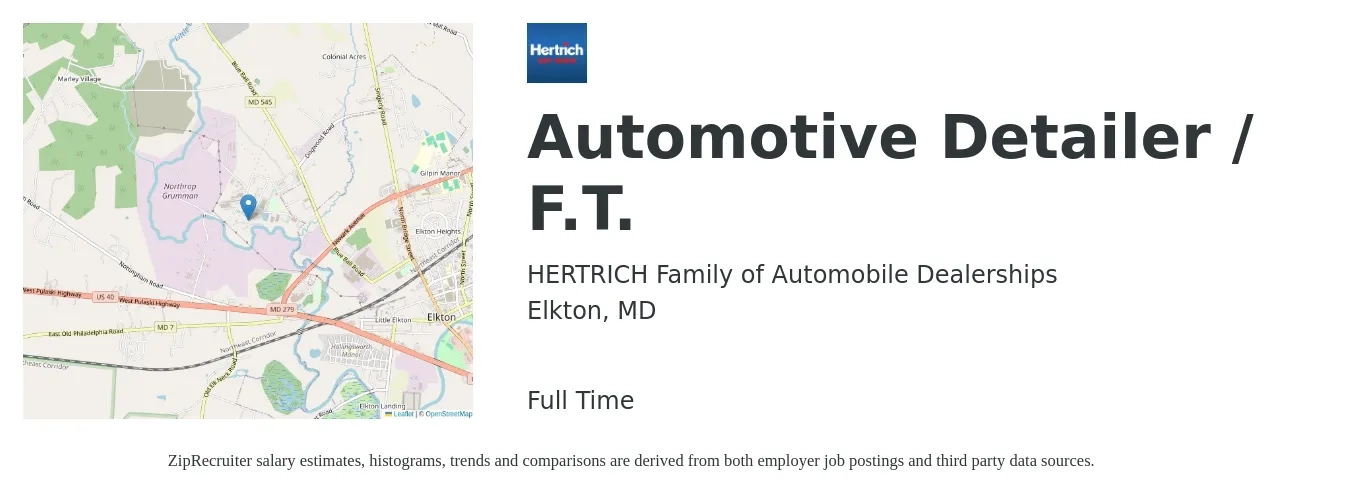 HERTRICH Family of Automobile Dealerships job posting for a Automotive Detailer / F.T. in Elkton, MD with a salary of $14 to $18 Hourly with a map of Elkton location.