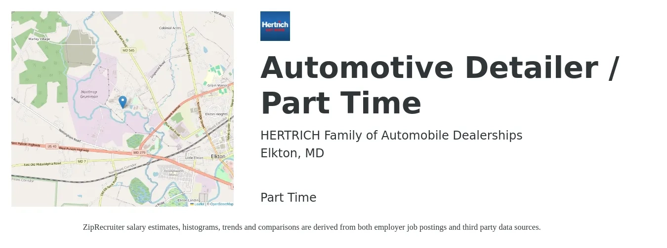 HERTRICH Family of Automobile Dealerships job posting for a Automotive Detailer / Part Time in Elkton, MD with a salary of $14 to $18 Hourly with a map of Elkton location.