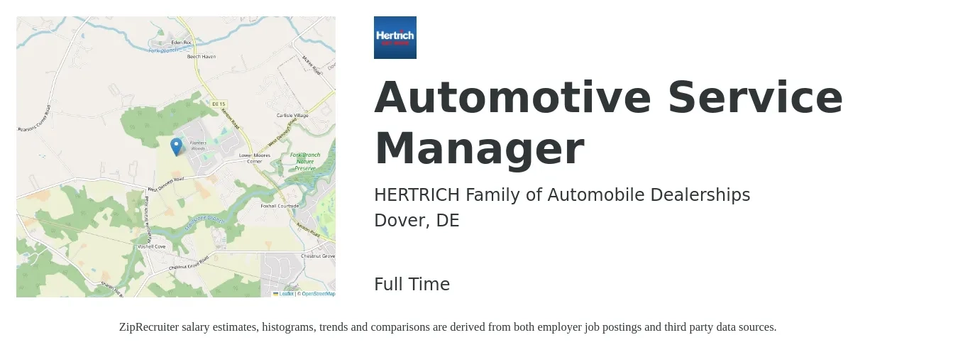 HERTRICH Family of Automobile Dealerships job posting for a Automotive Service Manager in Dover, DE with a salary of $56,000 to $81,000 Yearly with a map of Dover location.