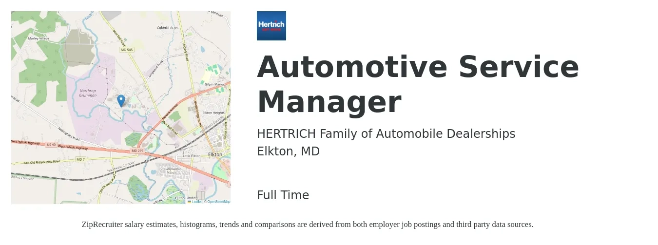 HERTRICH Family of Automobile Dealerships job posting for a Automotive Service Manager in Elkton, MD with a salary of $54,300 to $78,500 Yearly with a map of Elkton location.