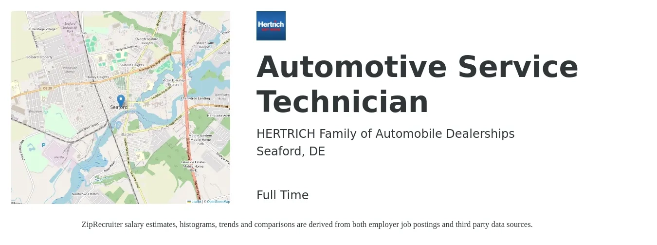 HERTRICH Family of Automobile Dealerships job posting for a Automotive Service Technician in Seaford, DE with a salary of $18 to $29 Hourly with a map of Seaford location.