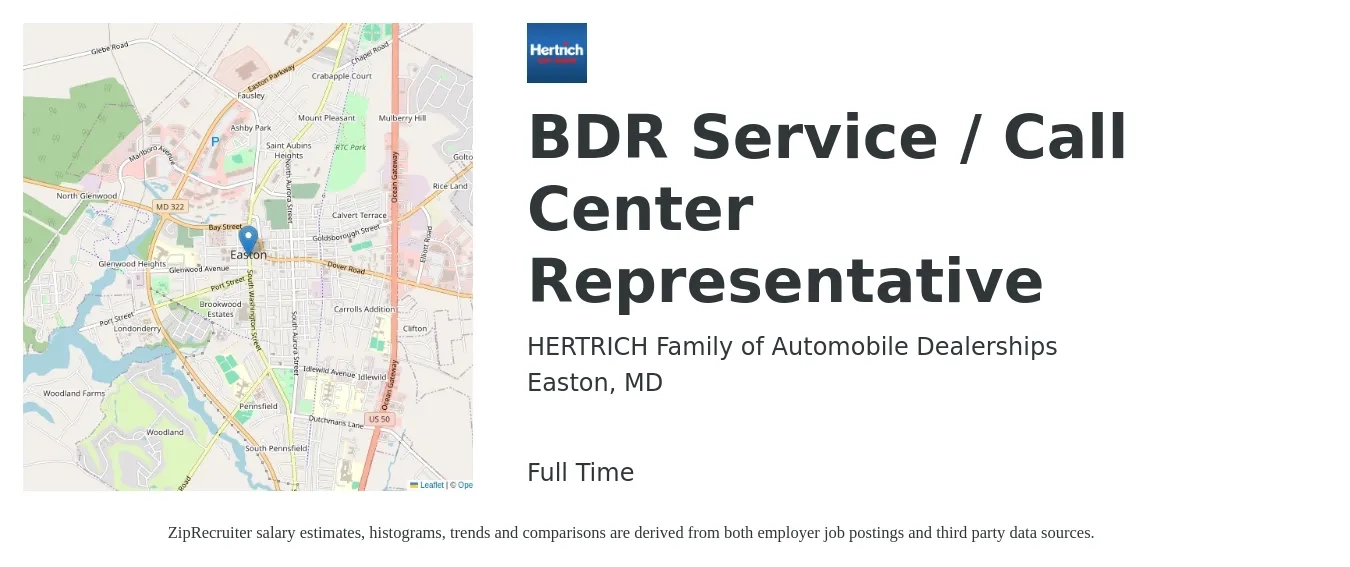 HERTRICH Family of Automobile Dealerships job posting for a BDR Service / Call Center Representative in Easton, MD with a salary of $16 to $20 Hourly with a map of Easton location.