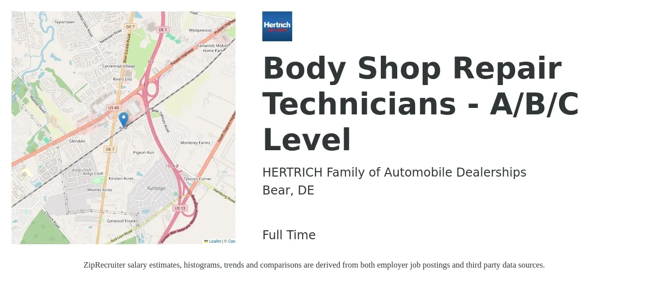 HERTRICH Family of Automobile Dealerships job posting for a Body Shop Repair Technicians - A/B/C Level in Bear, DE with a salary of $20 to $32 Hourly with a map of Bear location.