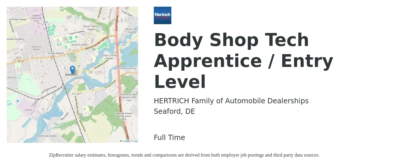 HERTRICH Family of Automobile Dealerships job posting for a Body Shop Tech Apprentice / Entry Level in Seaford, DE with a salary of $18 to $29 Hourly with a map of Seaford location.