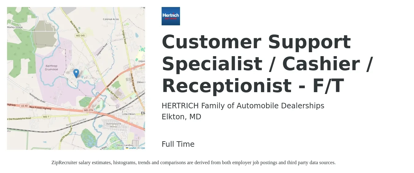 HERTRICH Family of Automobile Dealerships job posting for a Customer Support Specialist / Cashier / Receptionist - F/T in Elkton, MD with a salary of $14 to $19 Hourly with a map of Elkton location.