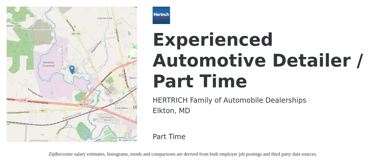 HERTRICH Family of Automobile Dealerships job posting for a Experienced Automotive Detailer / Part Time in Elkton, MD with a salary of $14 to $18 Hourly with a map of Elkton location.