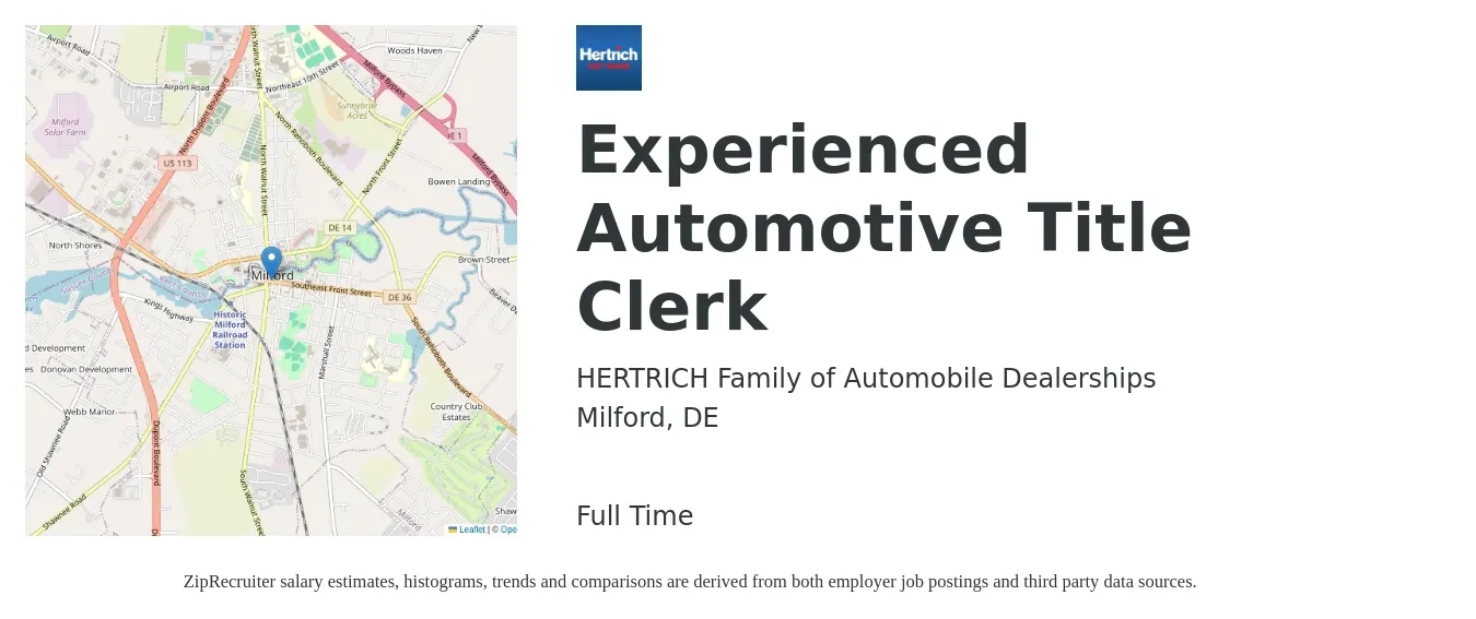 HERTRICH Family of Automobile Dealerships job posting for a Experienced Automotive Title Clerk in Milford, DE with a salary of $17 to $22 Hourly with a map of Milford location.